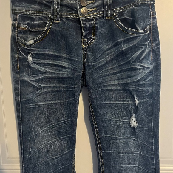 Twentyone Black Rue 21 Distressed Denim Jeans Womens 3/4 Slim Boot Double Button - Picture 2 of 9